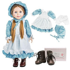 The Queen'S Treasures 18 Inch Doll Clothes And Shoes, Little House On The Prairie 5 Pc Blue Calico Dress With Bonnet, Apron, Pantaloons And Lace Up Boots. Doll Not Included