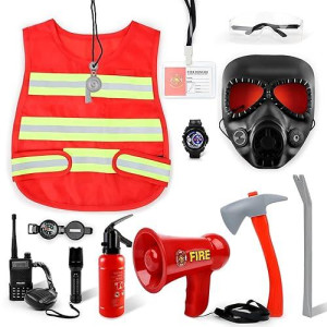 Deao Fireman Costume For Kids, 12 Pcs Firefighter Costume With Toy Accessories Set, Firefighter Tools With Fire Extinguisher, Flashlight, Toy Axe, Pretend Play Toy For Boys & Girls