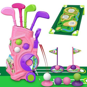 Toddler Golf Set, Upgraded Kids Golf Clubs With Golf Board, Putting Mat, 8 Balls, 4 Golf Clubs And Golf Cart, Indoor And Outdoor Sports Toys Birthday Gifts For Girls Aged 3 4 5 Year Old (Pink)