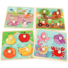 Wooden Peg Puzzles For Toddlers 1-3, Kids' Educational Preschool Peg Puzzle Toy, Set Of 4 Toddler Puzzles - Farm, Dinosaur, Fruit And Marine Animals, Ideal Gift For Ages 1 2 3 Boys And Girls