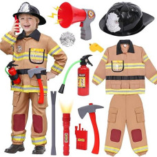 Tacobear 12Pcs Firefighter Costume For Kids, Brown Fireman Outfit With Complete Firefighter Accessories, Dress Up Pretend Play Toy Birthday Gift Halloween Costume For Boy Kid Toddler