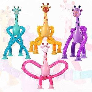 Sysama 4 Pcs Telescopic Suction Cup Giraffe Toy, Funny Pop Tubes Sensory Toy For Toddlers, Educational Fidget Toys For Anxiety Kids For 3 4 5 6 7 8 9 Year Old Boys Girls