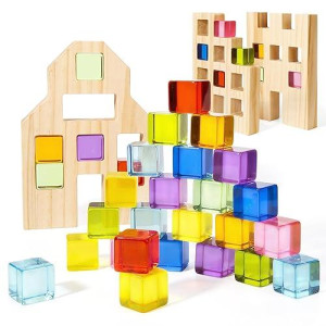 Woodtoe Wooden Building Blocks Set For Kids, 36 Pcs Rainbow Acrylic Gem Cubes Blocks - 3 Wood House, Montessori Stacking Toy For Toddlers, Educational Stem Toys Birthday For Boys Girls 3-6