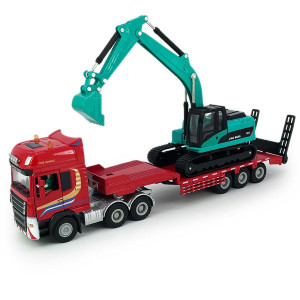 Flatbed Truck Toy With Crawler Excavator Toy Tractor Semi Tow Truck Transport Trailer Metal Diecast Construction Vehicles 2 In 1 Vehicle Playset Friction Powered Toy Trucks For Boys Kids Gift, Red