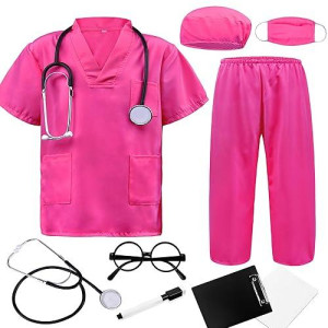 Zzihan Doctor Costume For Kids Rose Scrubs Sets Nurse Scrubs Costume Veterinarian Costume Doctor Coat Accessories Toys Stethoscope Nursing Clipboards Girls 9-10 Brithday Party Halloween Dress Up