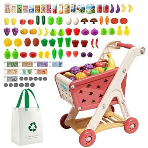 Jovow 98Pcs Kids Shopping Cart Trolley Play Set With Pretend Food And Accessories,Perfect For Ages 3+ Pretend Play And Role-Playing Games (Red)