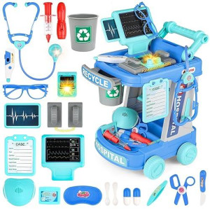 Deao Doctor Cart Kit For Kids Toy Pretend Doctor Playset With Stethoscope And Medical Instruments Role Play Medical Station Set For Toddlers Girls Boys Age 3 4 5 Years Old (Blue)