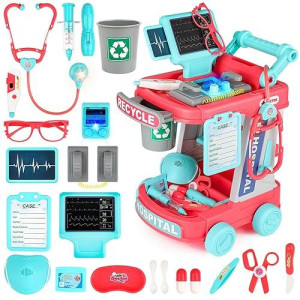 Deao Toy Doctor Kit For Kids Ages 3+, Deluxe Pretend Play Medical Station Set, Toddlers Doctor Role Play Costume Playset With Mobile Cart Lights, Stethoscope,Thermometer, Medical Kit(Pink)