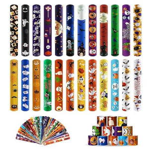 Halloween Slap Bracelet For Kids,48Pcs Halloween Party Favors, Halloween Decorations Gifts Bracelet Decorations Outdoor, Halloween Prizes Snap Bracelets Bulk Decor,Halloween Favors For Kids,Boys,Girls