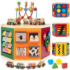 Woodmam Large Activity Cube, 9-In-1 Farm-Themed Wooden Play Center, Multipurpose Montessori Toy For 1-2 Year Old Baby Toddler Kid, First Birthday Gift | Bonus Magnetic Train Cars