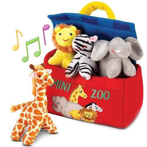 Bundaloo Plush Mini Zoo Playset - Giraffe, Elephant, Lion, Zebra - Interactive Animals, Carrier With Velcro Closure, Natural Sound Effects For Babies And Toddlers