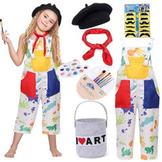 Tacobear Kids Artist Costume With Overalls Beret Beard Bow Tie Paint Bucket Brush, Halloween Career Day Outfit For Boys Girls