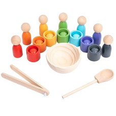 Montessori Balls In Cups Wooden Peg Dolls In Cups, Toddler Color Sorting Toys And Matching Game, Preschool Learning Activities Educational Fine Motor Skill Toy For Kids