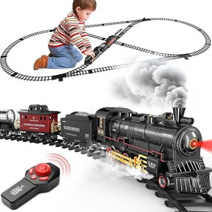 Hot Bee Train Set For Boys, Alloy Remote Control Train Toys With Steam Locomotive Cargo Cars Tracks, Trains With Realistic Smoke Sound Lights,Christmas Train Toys Gifts For 3 4 5 6 7 8+ Years Old Kids