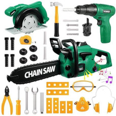 Vextronic Kids Tool Set 36 Pcs With Electric Toy Chainsaw Drill Circular Saw With Realistic Sounds, Toy Tool Set For Toddlers 3 4 5 6 7 8, Pretend Play Kids Power Tools Kit Gift For Boys Girls