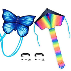 Simxkai 2 Pack Kites-Rainbow Delta Kite And Blue Butterfly Kite, Easy To Fly Kite For Kids And Adults,2 Kite Line Handles With 320Ft Lines Each