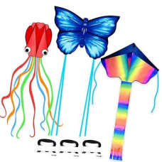 Simxkai 3 Pack Kites-Rainbow Delta Kite, Red Mollusc Octopus Kite, Blue Butterfly Kite Easy To Fly Beach Kites For Kids & Adults, Each Kite With 320Ft String Handle