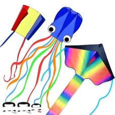 Simxkai 3 Pack Kites For Kids & Adults Easy To Fly With Kite String, Delta 3D Octopus Parafoil Beach Kite For Boys & Girls, Fit For Outdoor Games And Activities