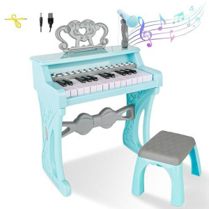 Deao Children'S Piano For Girls, Children'S Musical Piano Keyboard Toys, Electronic Piano Toy With Stool And Microphone, 25 Keys, 22 Songs (Blue)