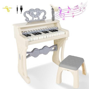 Deao Children'S Piano For Girls, Children'S Musical Piano Keyboard Toys, Electronic Piano Toy With Stool And Microphone, 25 Keys, 22 Songs (White)