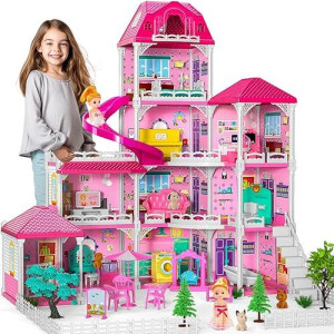 Dolls House For Girls Toys, 4 Stories 10 Rooms Dollshouse With 2 Princesses Slide Accessories, Playset For Toddler Playhouse Gift For For 3 4 5 6 7 8+ Year Old Girls Toys