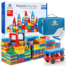 Sunny Auntie Magnetic Tiles 180 Pcs+ Bonus Zippered Case, Magnetic Tiles For Kids Toy For 3 4 5 6 7 8 Year Old Boys & Girls, Great Gift For Kids Aged 3-8 - Xl Set