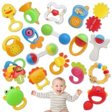 Qizebaby 21Pcs Baby Rattles Toys Set, Baby Toys 3-6 Months, Infant Grab And Shake Rattle, Sensory Teether, Music Learning Toys For 3 4 5 6 7 8 9 10 11 12 Month 1 Year Old Toys For Newborn Boys Girls