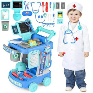 Deao Doctor Cart Kit For Kids Toy Pretend Playset With Doctor Costume Stethoscope And Medical Instruments Role Play Mobile Medical Station Set For Toddlers Girls Boys Age 3 4 5 5 6 (Blue)