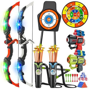 Vatos 2 Pack Bow And Arrow Toy For 5 6 7 8 9 10 11 Year Old Boys Girls, Light Up Archery Toy With Cup Suction Standing Target & 29 In Dart Board, Indoor Outdoor Activity Toys Birthday