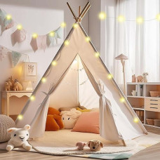 Indoor Teepee Tent For Kids With Stars Led Lights - Pop-Up Playhouse For Boys And Girls - Toddler Reading Corner Tent - Child Teepee For Play And Imagination 100% Cotton Canvas Tipi Tents For Children