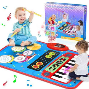 2-In-1 Musical Mat Toys For 1 2 3 4 5 Year Old, Piano Keyboard & Drum Set With 2 Drum Sticks, Early Educational Musical Learning Toys Birthday For 1 2 3 4 5 Year Old Boys & Girls, Blue