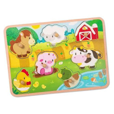 Battat- Wooden Peg Puzzle- Farm Animals Puzzle For Toddlers- Wooden Toys- Educational Toys- 2 Years + Wooden Peg Puzzle: Farmland Animals