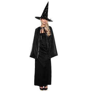 Underwraps Womens Witch Cape Set - Witch Cape & Witch Hat Set, Witch Wizard Cloak & Hat For Halloween, Easy Witch Costume For Women (Cape Hat Black, Adult Os)