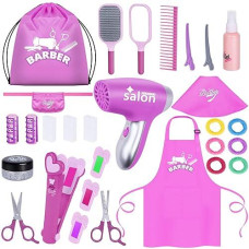 Gifts2U Hair Salon Toys For Girls, 26 Pcs Realistic Girl Beauty Salon Playset Hair Styling Set With Blow Dryer, Barber Costume Apron, Scissors And Stylist Accessories.