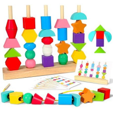 Aoumi Montessori Toys For 2 3 4 Year Old Wooden Shape Matching Game & Lacing Beads Preschool Learning Activities Fine Motor Skills Toys Sorting Stacking Toddler Toys Age 2-4 Boys Girls