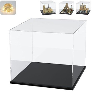 Thickened Clear Acrylic Display Case For Lego 21061 75365 76435 10326 Collectibles, Transparent Box Large Dustproof Protection With Wood-Plastic Base & String Light, Black Inside 19.7X11.8X15.7Inch