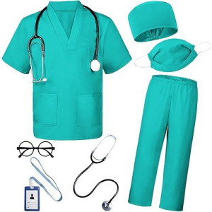 Bomly Doctor Costume For Kids 7Pcs Toddler Nurse Scrubs Set With Halloween Dress Up Costumes For Boys And Girls Ages 3-11 (Green, 7-8Years)