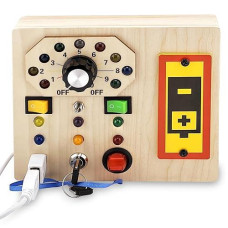 Wooden Montessori Musical Busy Board For Toddlers For 3-5 Year-Old With Mechanical Turner, Colorful Bulbs, Switches, Buttons - Enhance Sensory, Motor Skills (Updated)