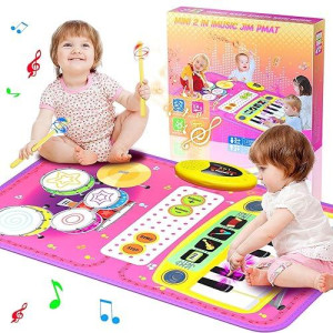 2-In-1 Musical Mat Toys For 1 2 3 4 5 Year Old, Piano Keyboard & Drum Set With 2 Drum Sticks, Early Educational Musical Learning Toys Birthday For 1 2 3 4 5 Year Old Girls & Boys, Pink