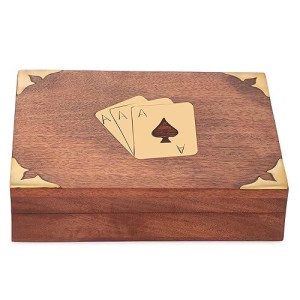 Ajuny Handcrafted Decorative Wooden Double Deck Playing Card Box Holder Storage Case Organizer With 2 Set Of 'Ace' Playing Cards Brass Inlay Anniversary Housewarming Gifts For Him Her