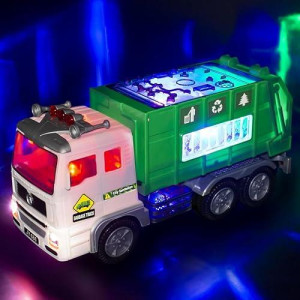 Toy Garbage Truck & Fire Truck & Construction Excavator Toys & Container Truck Toy Cars For Toddlers Boys 1-3 4-7 Birthday Gifts, Truck Car Toys With 4D Lights & Music- Automatic Bump Go Garbage Truck