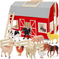 Yeebay Farm Animals Toys For 3+ Year Old Kids Toddlers Girls Boys, Large Wooden Barn With Animal Play Figures, Farm Playset Educational Learning Toys, Ideal Christmas Birthday Gifts