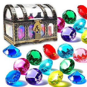 Yuqilin 20 Pcs Large Diving Gems With Treasure Chest, Big Colorful Plastic Acrylic Gemstones For Kids Pool Toy For Halloween Pirate Adventure Themed Party Favor Supplies