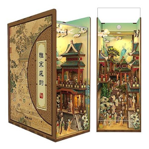 Tonecheer Diy Book Nook Kit For Adults, Wooden 3D Puzzle Bookend Bookshelf Insert Decor, Chinese Booknook Miniature House Kit With Dust Cover And Body Motion Sensor Led (Song Dynasty Culture)