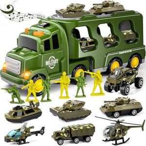 Doloowee 14 In 1 Green Military Truck Toys, Army Tanks Set With Soldier Men, Army Men Toys, Military Truck Toy With Lights And Sounds, Gifts For Toddler Kids Boys Ages 3+