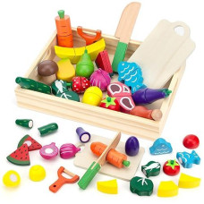 Wooden Play Food Sets For Kids Kitchen Fake Food Cutting Fruits Vegetables And Meat Pretend Play Toddler Toys Food Montessori Toys For 3 4 5 6 7 Years Old Gifts For Boys And Girls