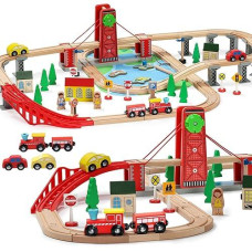 Sainsmart Jr. Wooden Train Set For Toddler, Double-Side Wood Train Track With 4 Trains Fits Brio, Thomas, Melissa And Doug, Toy Railway Kit For Kids Ages 3+