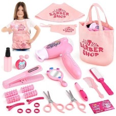 Sanlebi Hair Salon Toys For Girls, 25 Pcs Pretend Play Hair Styling Toy Set For Kids 3-6 With Hair Dryer, Barber Scissors And Stylist Accessories, Christmas & Birthday Gift For Girls