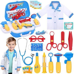 Ginmic Kids Doctor Play Kit, 22 Pieces Pretend Play Doctor Set With Roleplay Doctor Costume And Carry Case For Toddlers And Kids, Medical Dr Kit Toys For Girl Age 3 4 5 6 7 Year Old (Blue-1)