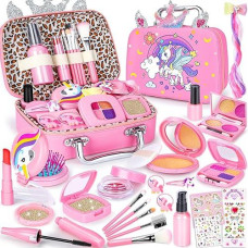 Ginmic Pretend Makeup For Toddlers, Pretend Play Makeup For Little Girls,Toddler Toys Makeup Kit With Unicorn Cosmetic Bag For Little Girls Age 3 4 5 6 7+ Birthday Christmas Princess Gifts